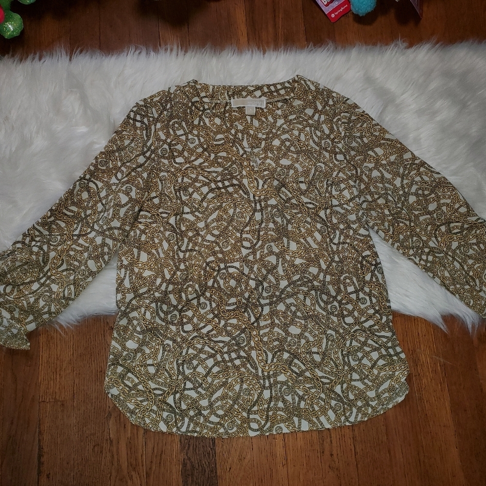 Michael Kors Brown and Cream Textured Blouse with Long Sleeves